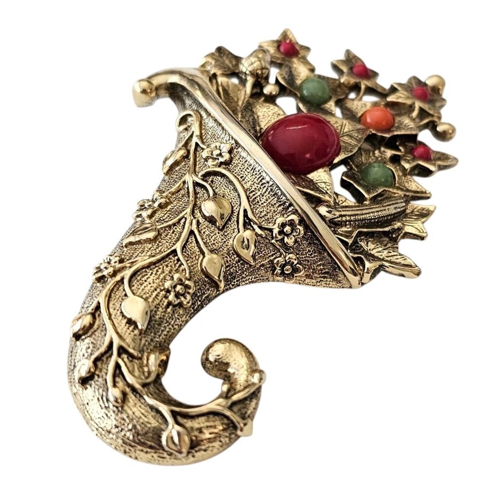 1928 Brand Autumn Leaves Fall Cornucopia Brooch Lucite Cabochon Pin, J38
